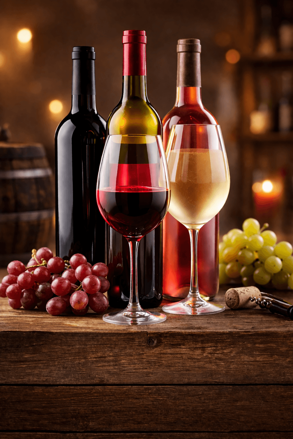 Red, white, and rosé wine bottles on a wooden bar