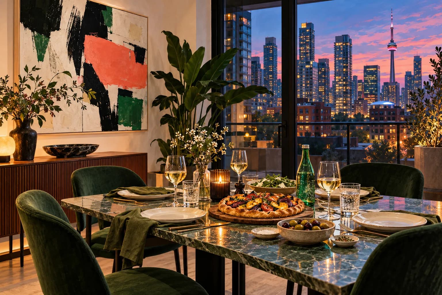 Illustrated apartment supper with a vegetable tart, olives, wine and water beneath abstract art