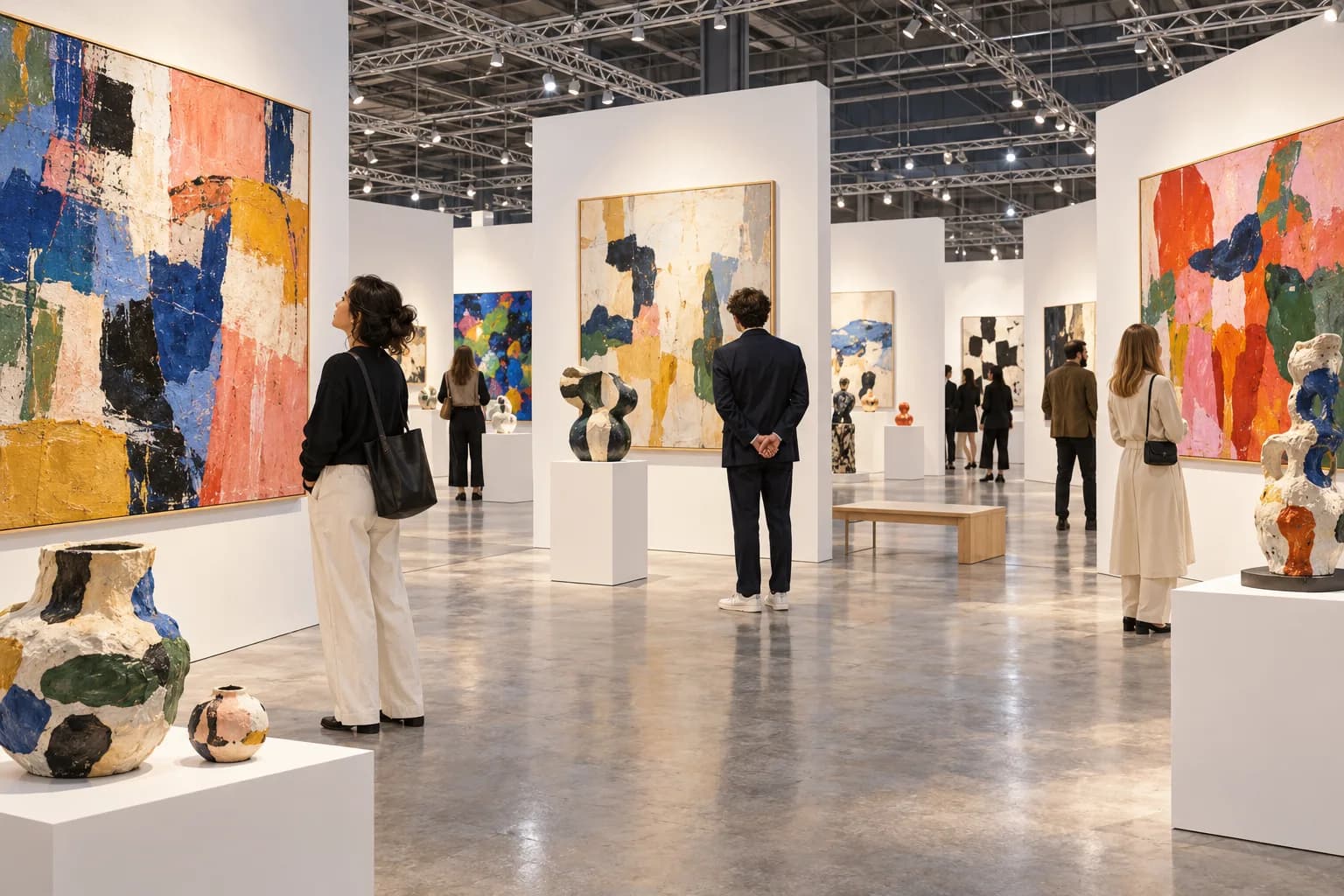 Original illustration of visitors browsing abstract paintings in an airy contemporary art fair