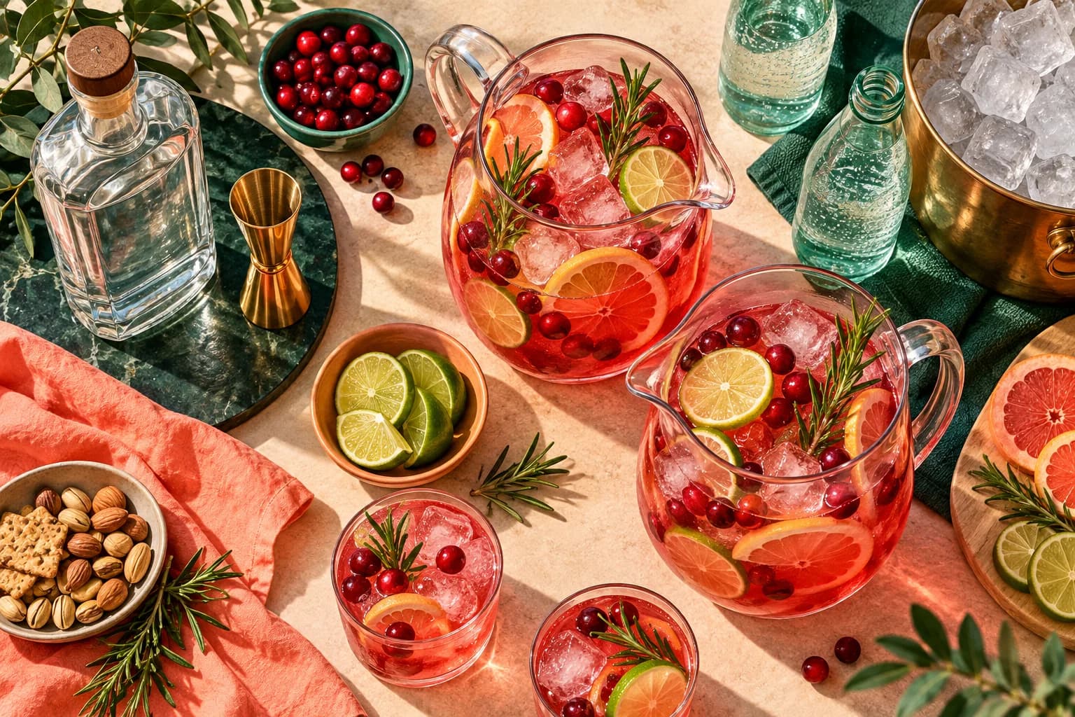 Illustration of a cranberry drink station with pitchers, citrus, soda water, ice and a measuring jigger