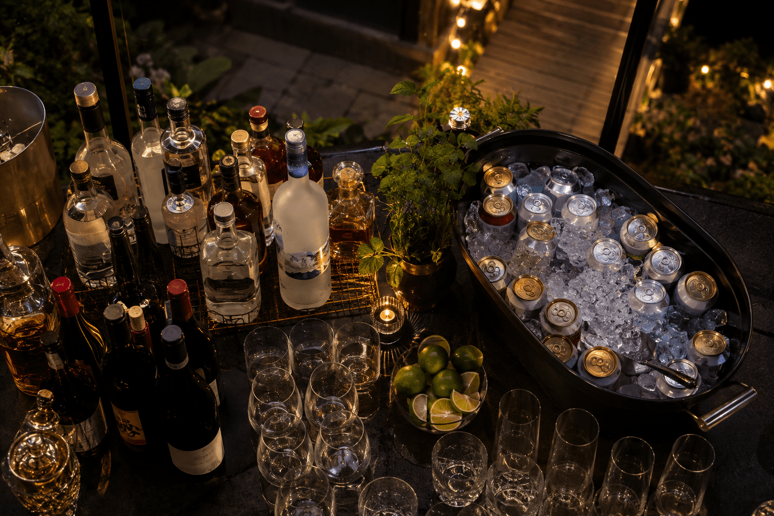 Home party drinks table with spirits, wine and a cooler of canned beer on ice