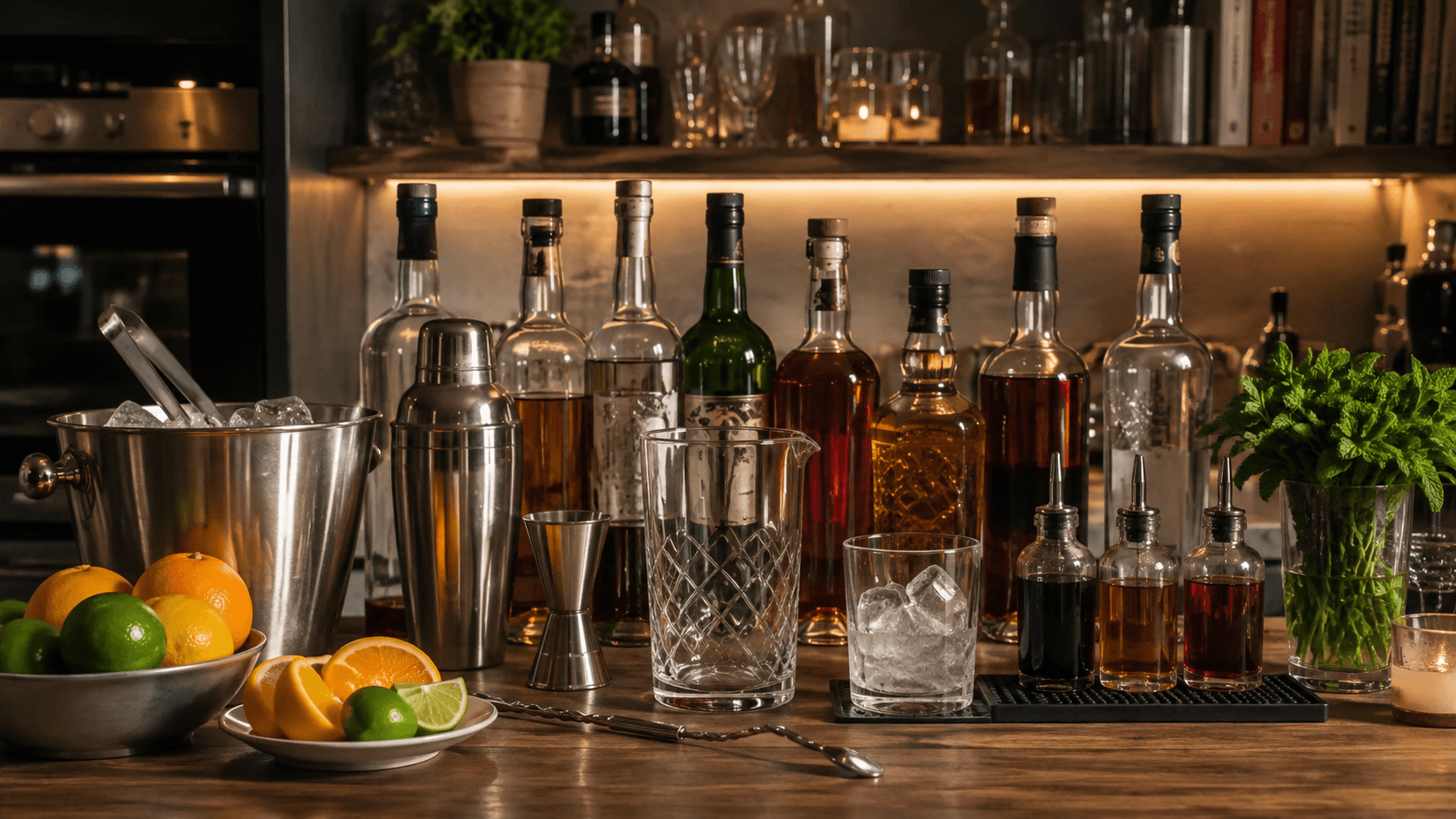Home bar counter with spirit bottles, shaker, jigger, mixing glass, bitters and citrus