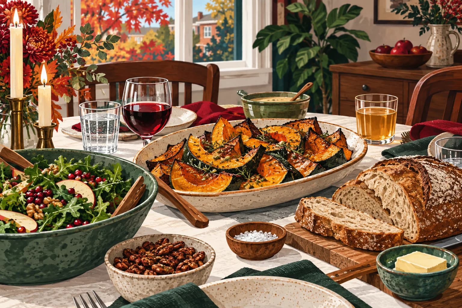 Illustrated harvest dinner with squash, bread, salad, wine, apple juice and water