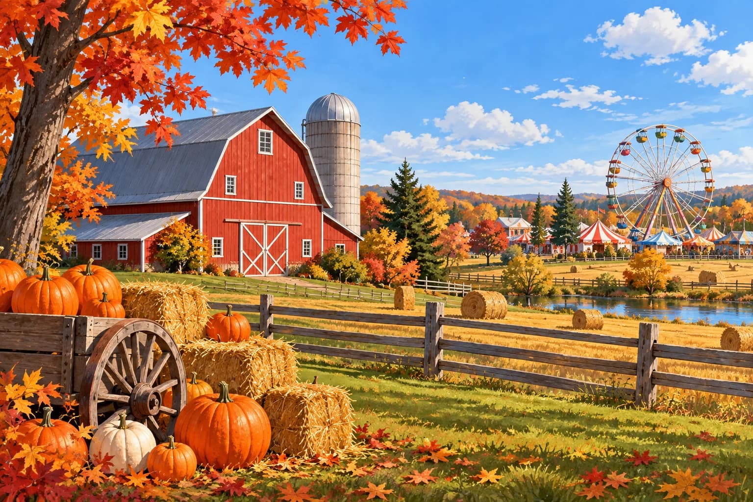Editorial illustration of an Ontario fall fair with a red barn, pumpkins and a distant Ferris wheel