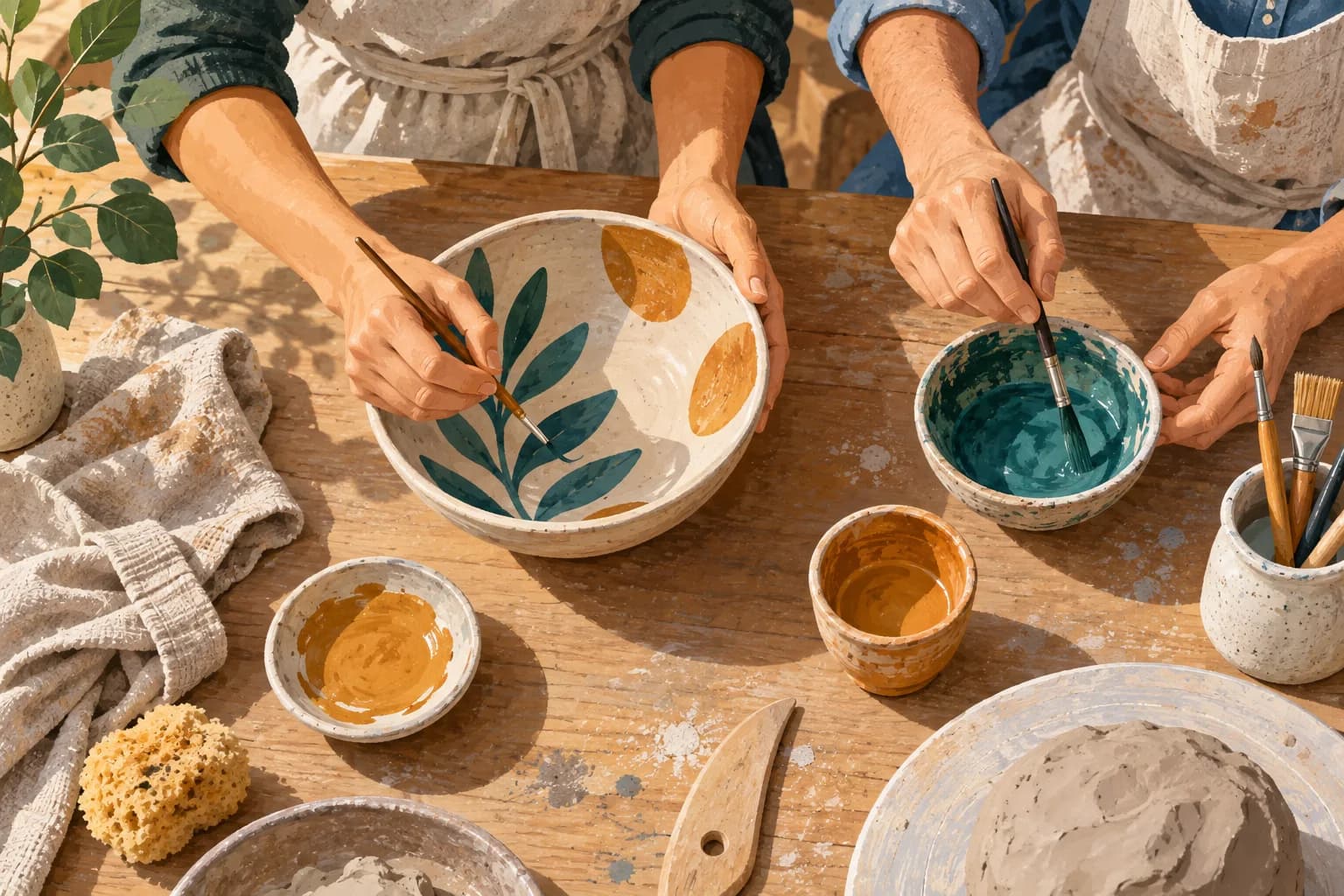 Illustration of adults shaping a clay bowl at a workbench with colourful glazes