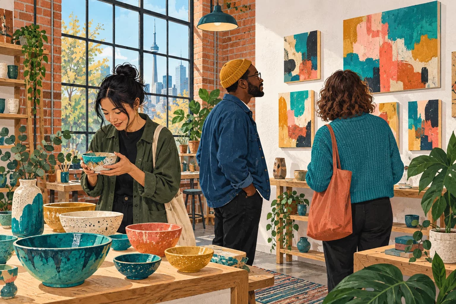 Editorial illustration of adults exploring ceramics and paintings in a community arts studio