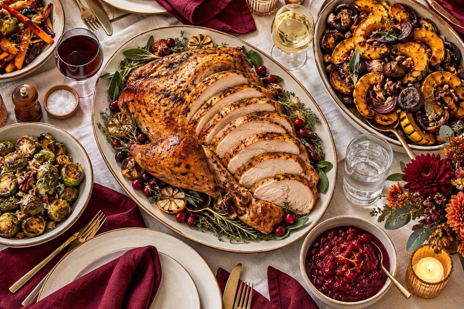 Illustrated Thanksgiving meal with turkey, cranberry sauce, vegetables, wine and water