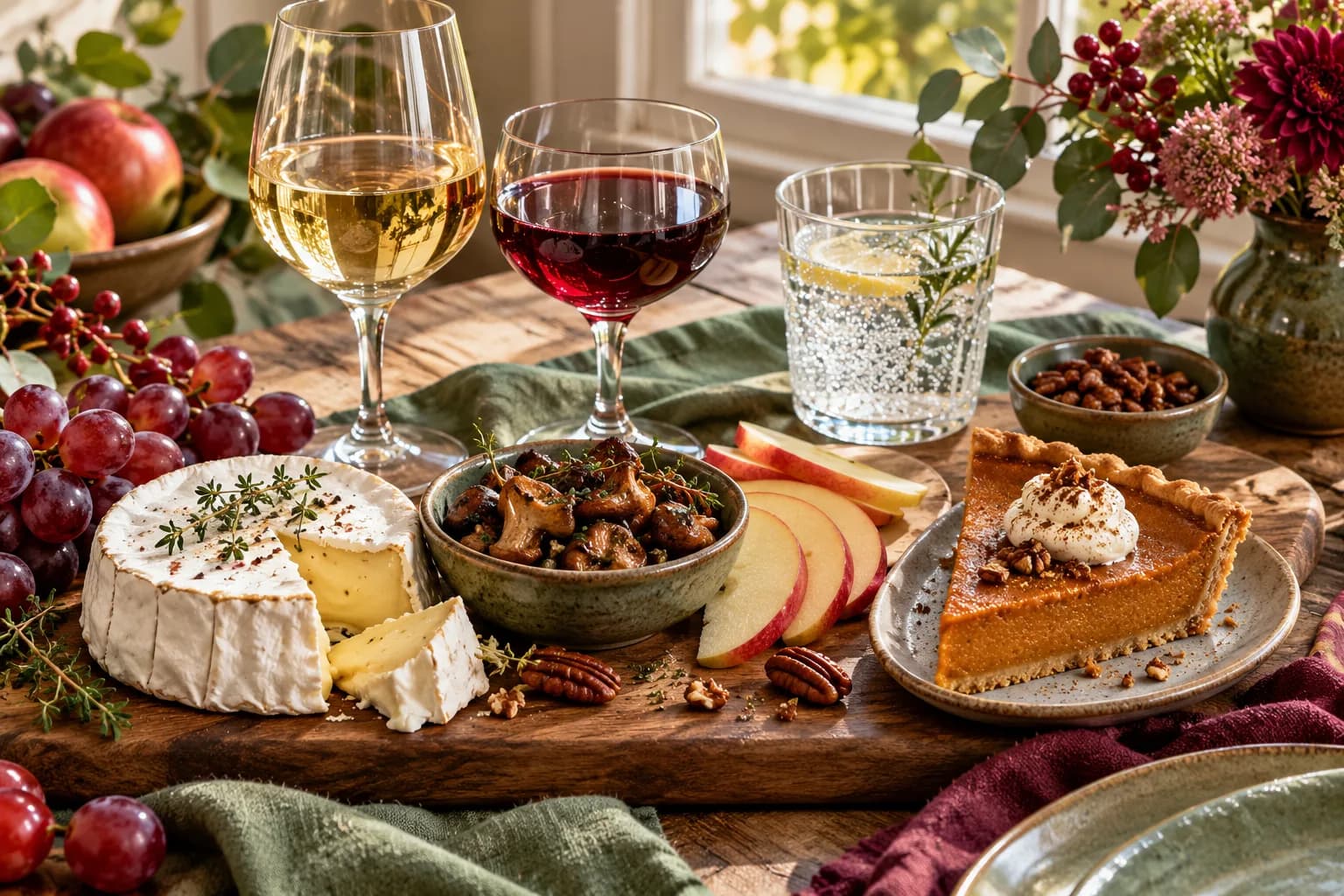 Illustrated autumn pairing board with cheese, mushrooms, apple, pumpkin tart and drinks