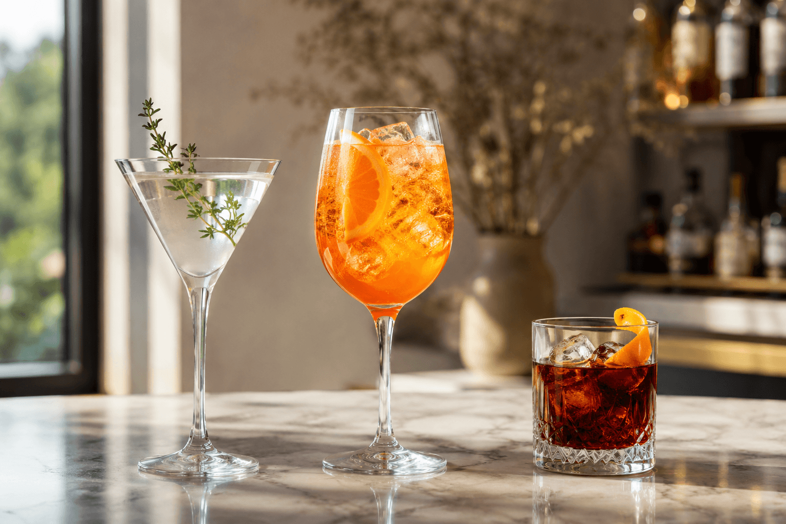 Three modern cocktails on a bar counter representing 2023 drink trends