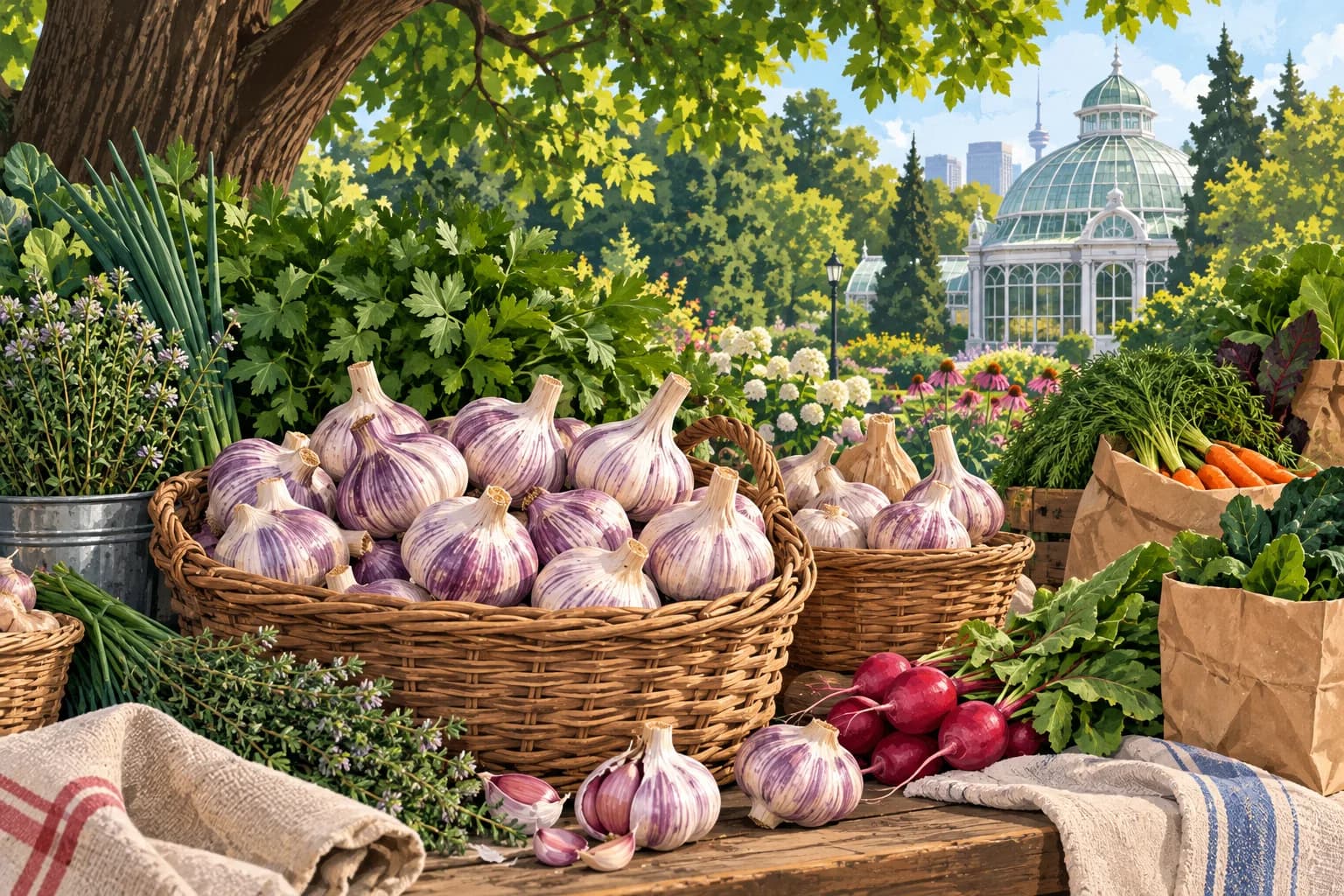 Editorial illustration of Ontario garlic baskets and herbs near a glass conservatory
