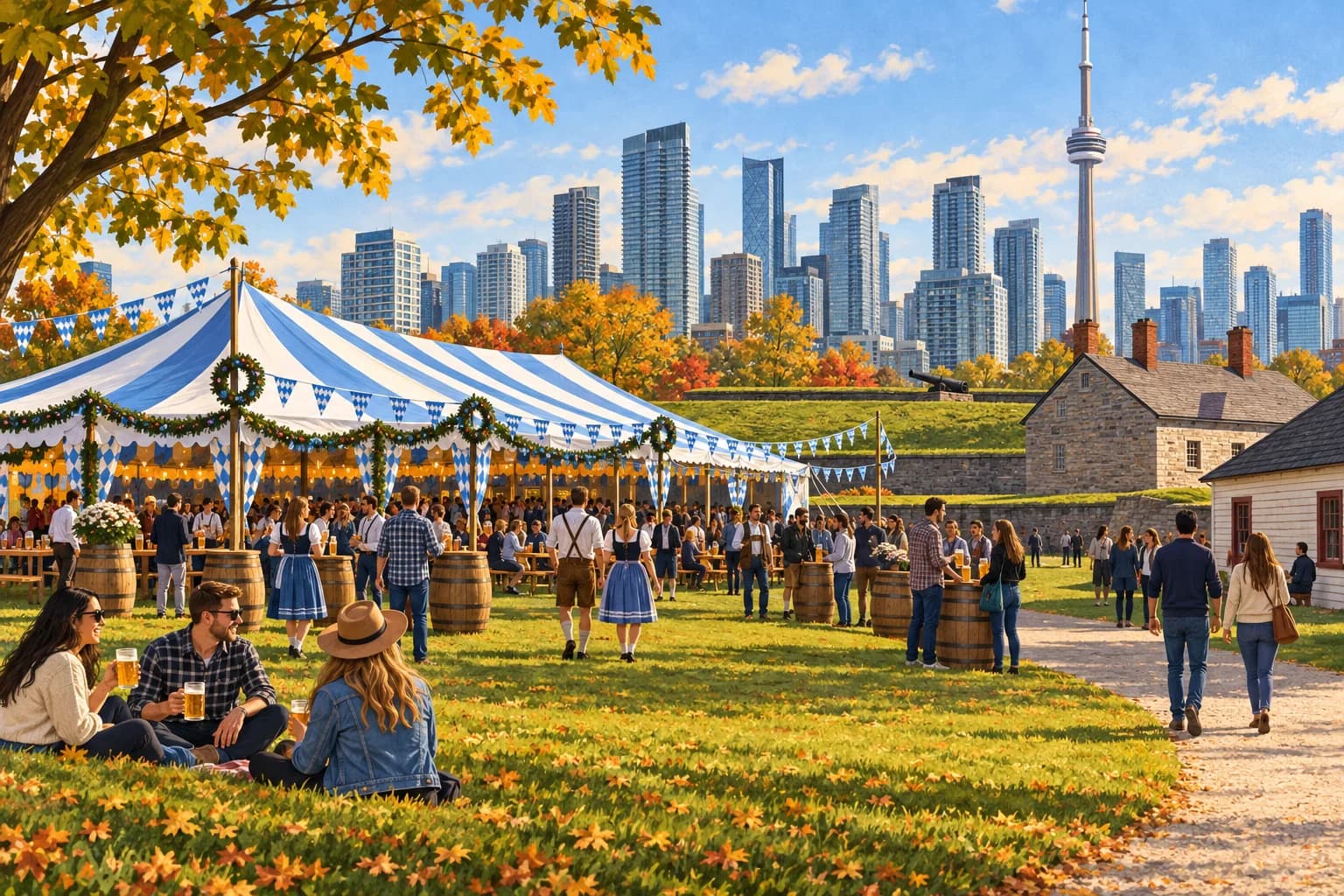 Editorial illustration of a Bavarian festival tent near Fort York with Toronto towers behind it