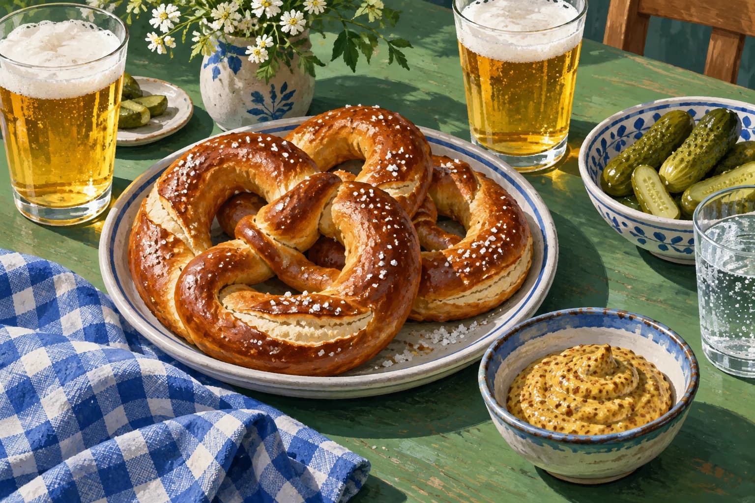 Illustrated home supper with pretzels, mustard, pickles, lager and sparkling water