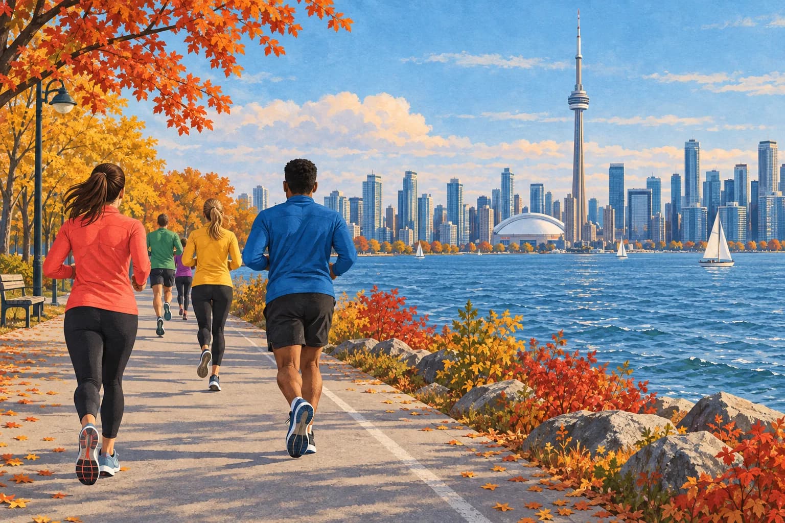 Interpretive illustration of runners beside Lake Ontario with the CN Tower in the distance