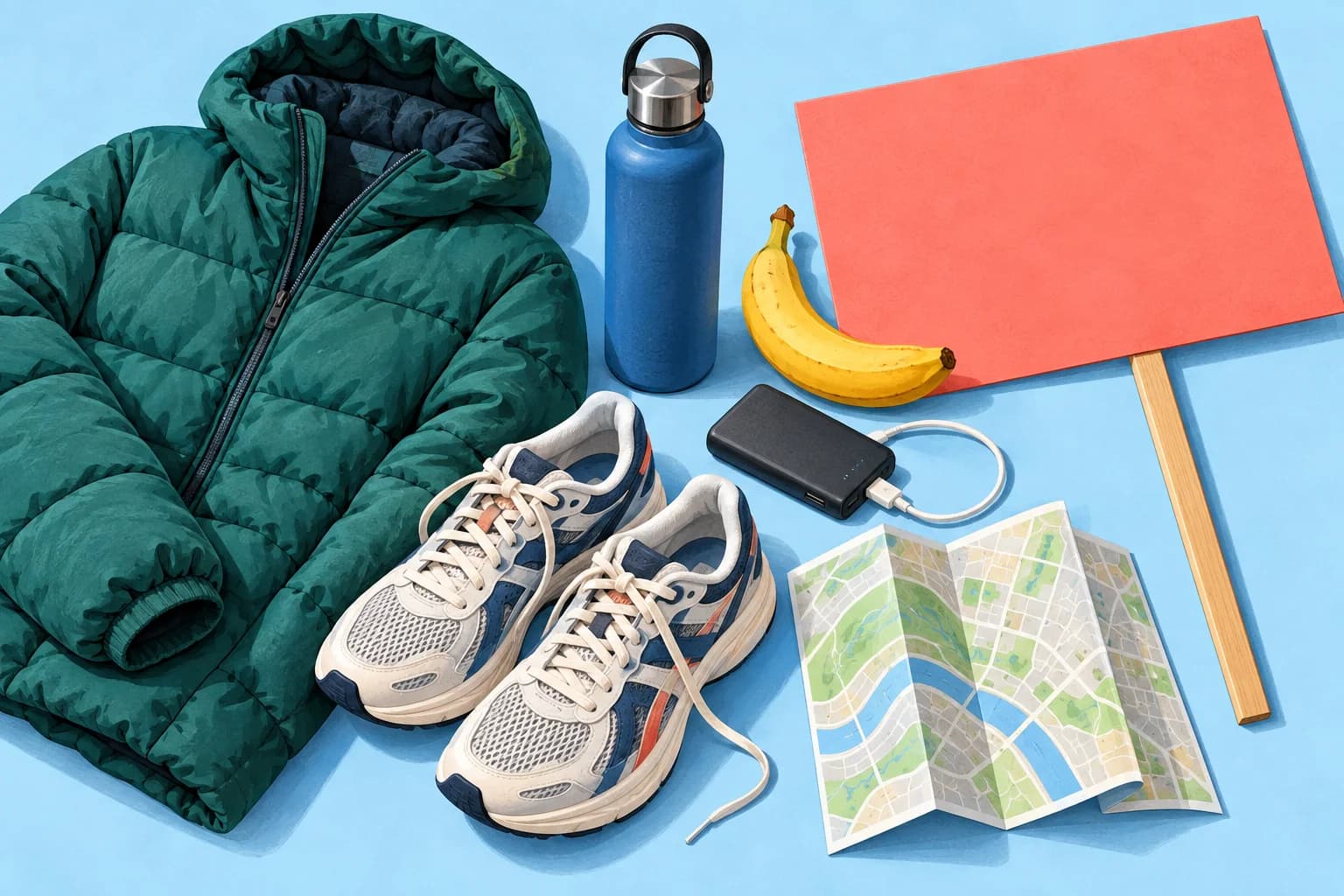 Illustrated spectator kit with jacket, shoes, water bottle, banana, charger, map and a blank cheering sign