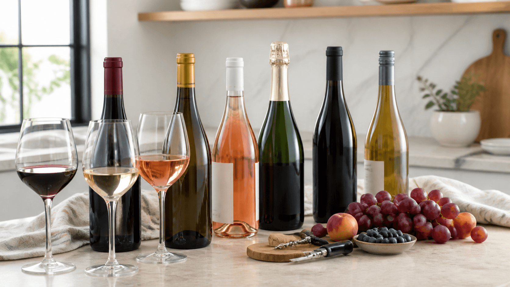 Red, white, rose and sparkling wine bottles with poured glasses on a kitchen counter