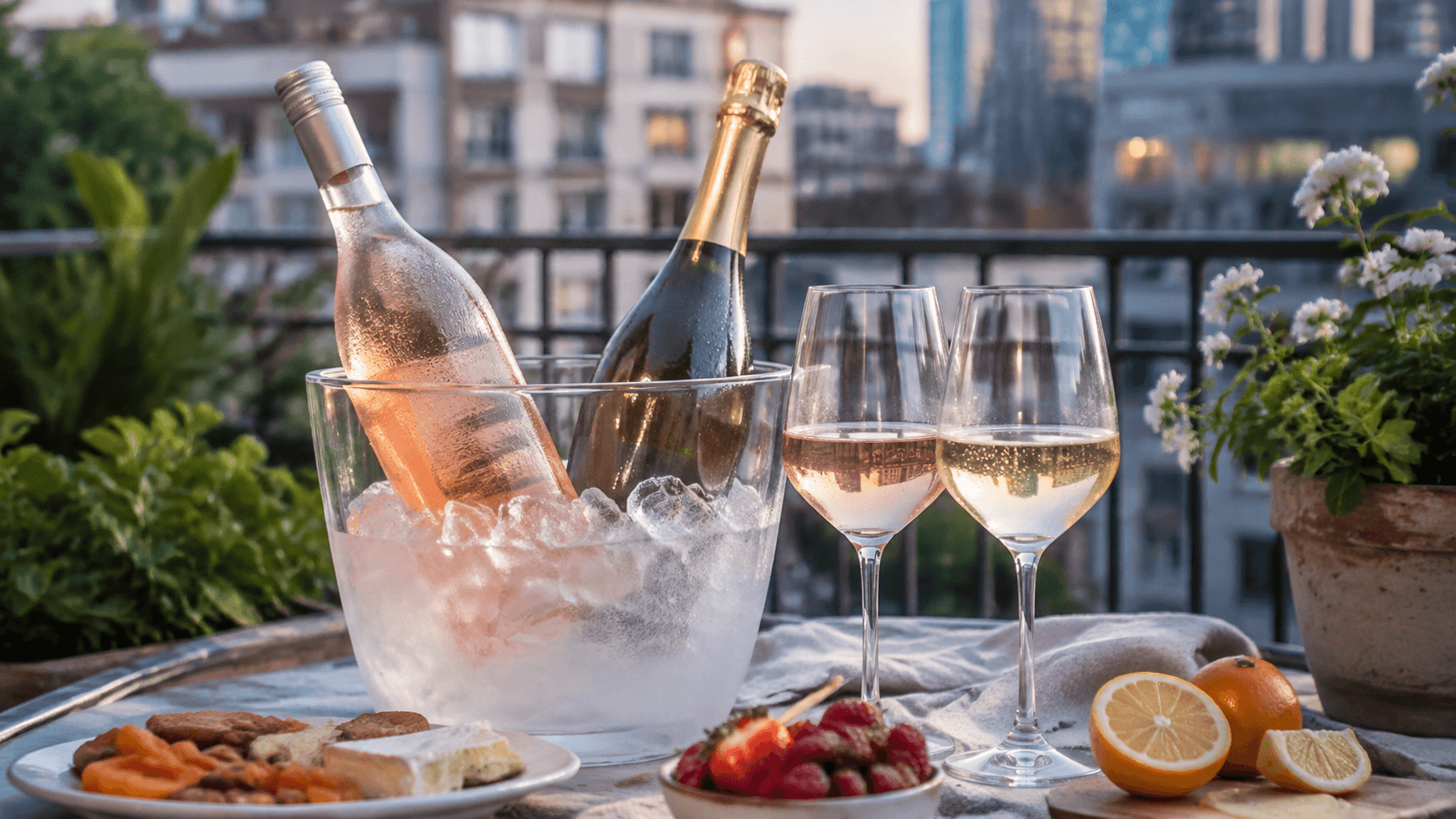 Rose and sparkling wine chilling in an ice bucket on a balcony with cheese and fruit