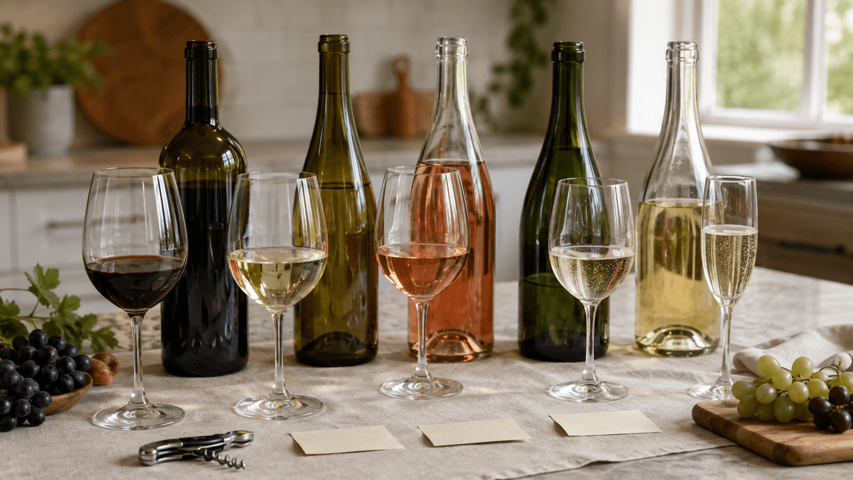 Red, white, rose and sparkling wine poured side by side with their bottles