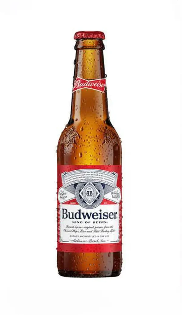 Budweiser Lager Beer bottle with brown glass, red and white label, and condensation droplets