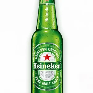 Heineken Lager Beer bottle with iconic green glass, red star logo, and condensation droplets.