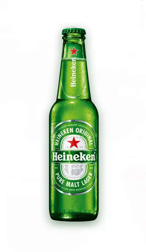 Heineken Lager Beer bottle with iconic green glass, red star logo, and condensation droplets.