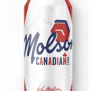 Molson Canadian Lager Beer can with red, white, and blue design, covered in condensation