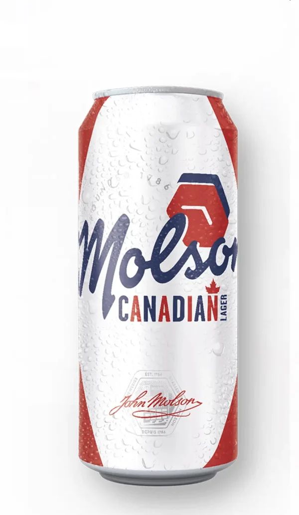 Molson Canadian Lager Beer can with red, white, and blue design, covered in condensation