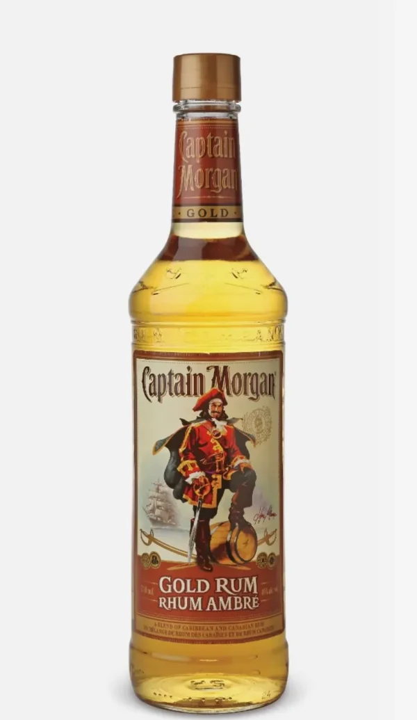 Captain Morgan Gold Rum bottle with classic pirate branding and a warm golden hue