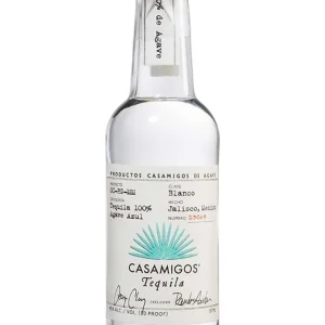 Casamigos Blanco Tequila bottle with minimalist label, handcrafted from 100% blue agave in Jalisco, Mexico