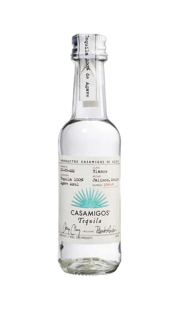 Casamigos Blanco Tequila bottle with minimalist label, handcrafted from 100% blue agave in Jalisco, Mexico