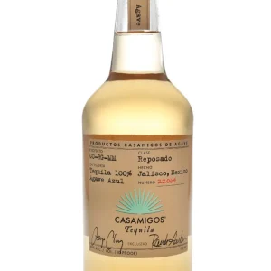 Casamigos Reposado Tequila bottle with golden hue, crafted from 100% blue agave in Jalisco, Mexico