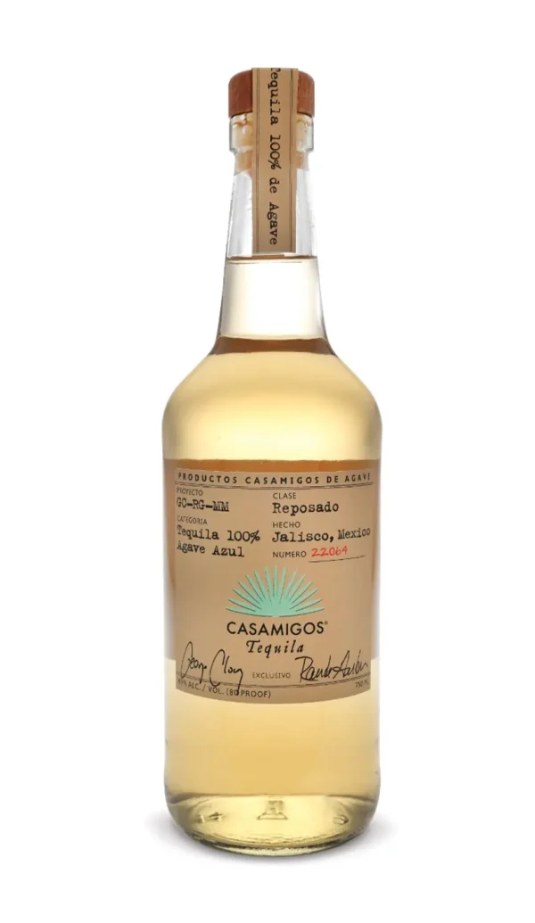 Casamigos Reposado Tequila bottle with golden hue, crafted from 100% blue agave in Jalisco, Mexico