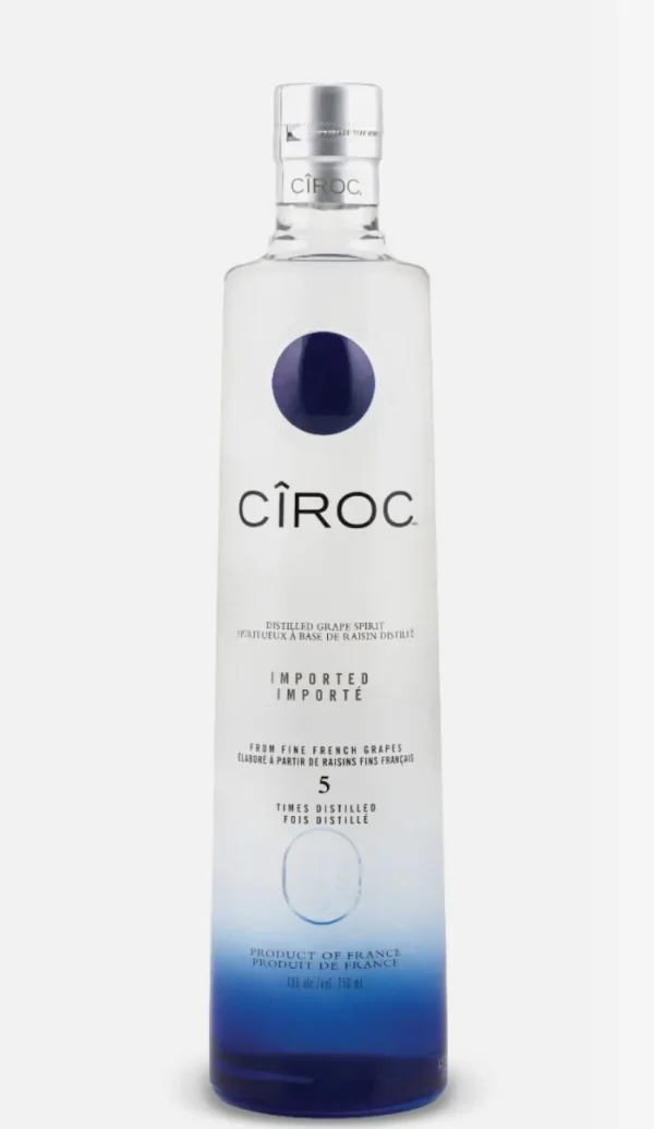 Ciroc Ultra-Premium Vodka bottle with frosted glass and blue gradient design, distilled from fine French grapes