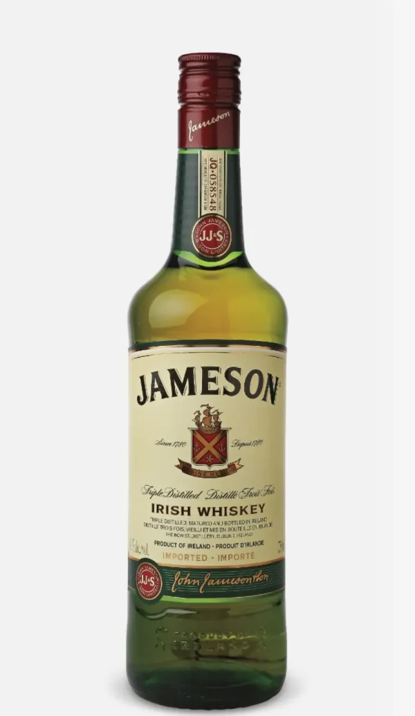 Jameson Irish Whiskey bottle with iconic green glass and triple-distilled label.