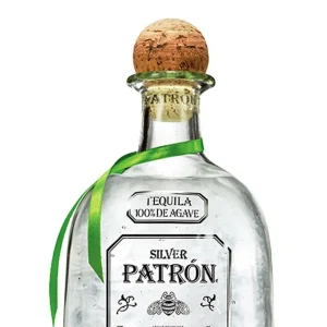 Patrón Silver Tequila bottle with cork stopper and green ribbon, crafted from 100% blue agave.