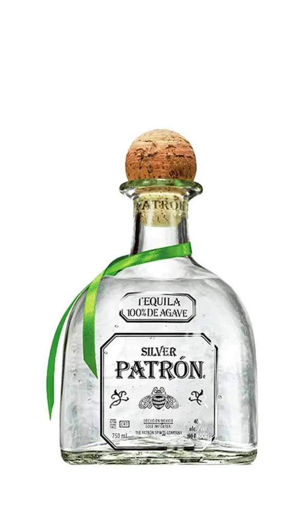 Patrón Silver Tequila bottle with cork stopper and green ribbon, crafted from 100% blue agave.