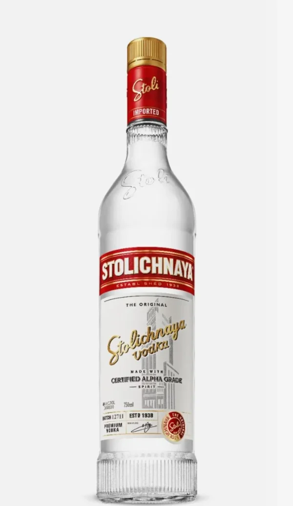 Stolichnaya Premium Vodka bottle with red label, crafted from wheat and pure artesian water.