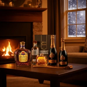 A cozy winter scene featuring Crown Royal Whiskey, Absolut Vodka, Armand de Brignac Champagne bottles, and a fireplace, showcasing premium offerings from J&J Alcohol Delivery.