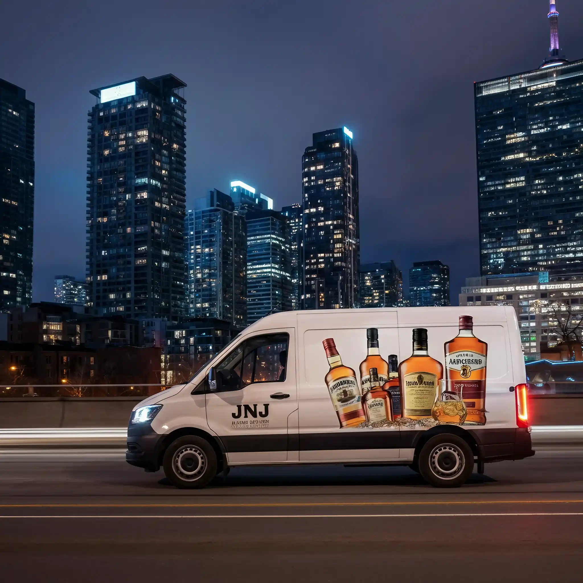 JNJ Alcohol Delivery van driving through Toronto at night with whiskey bottles featured on the van.