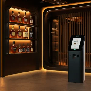 A sleek display of premium whiskey brands, featuring Crown Royal, Jack Daniel’s Old No. 7, and Jameson Irish Whiskey, alongside a modern whiskey vending kiosk.